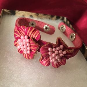 Leather Hand embossed2 FLOWER Bracelet CUFF